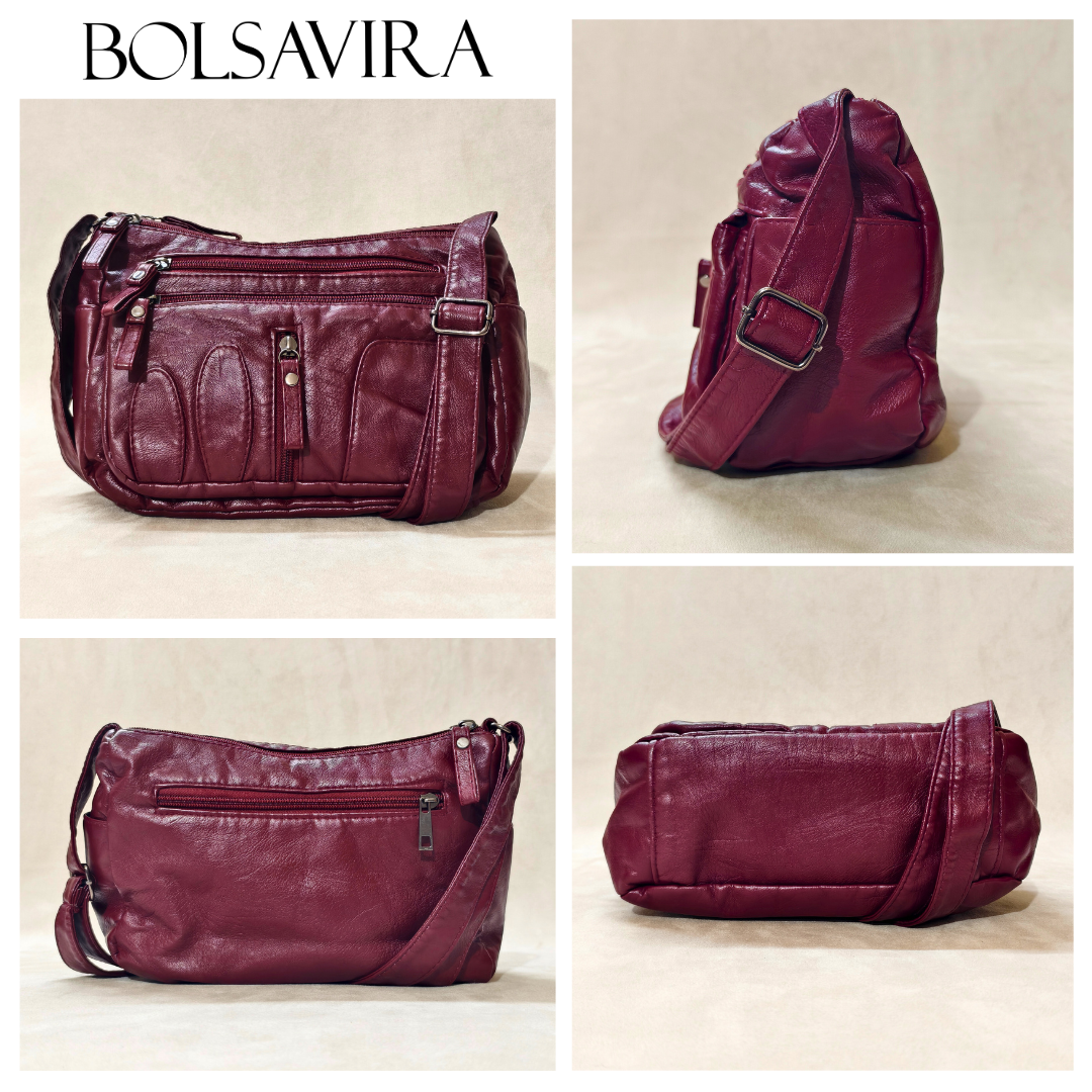 Collage of a burgundy handbag with different angles on a beige background, featuring the brand 'Bolsavira'.