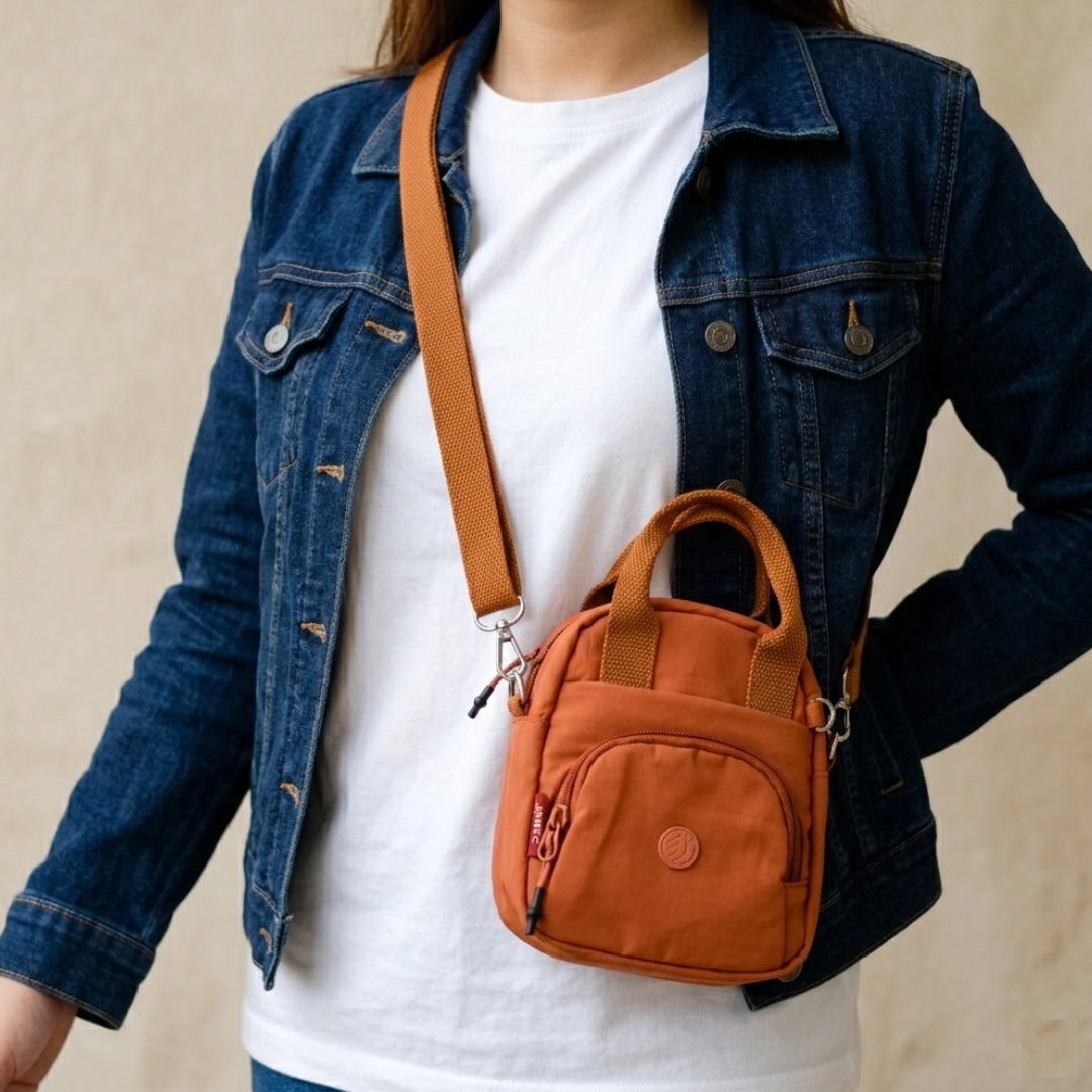 Person wearing a denim jacket with a brown crossbody bag on a beige background