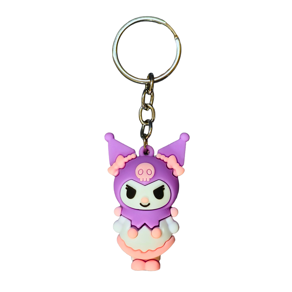 Cartoon character keychain with purple outfit on a white background
