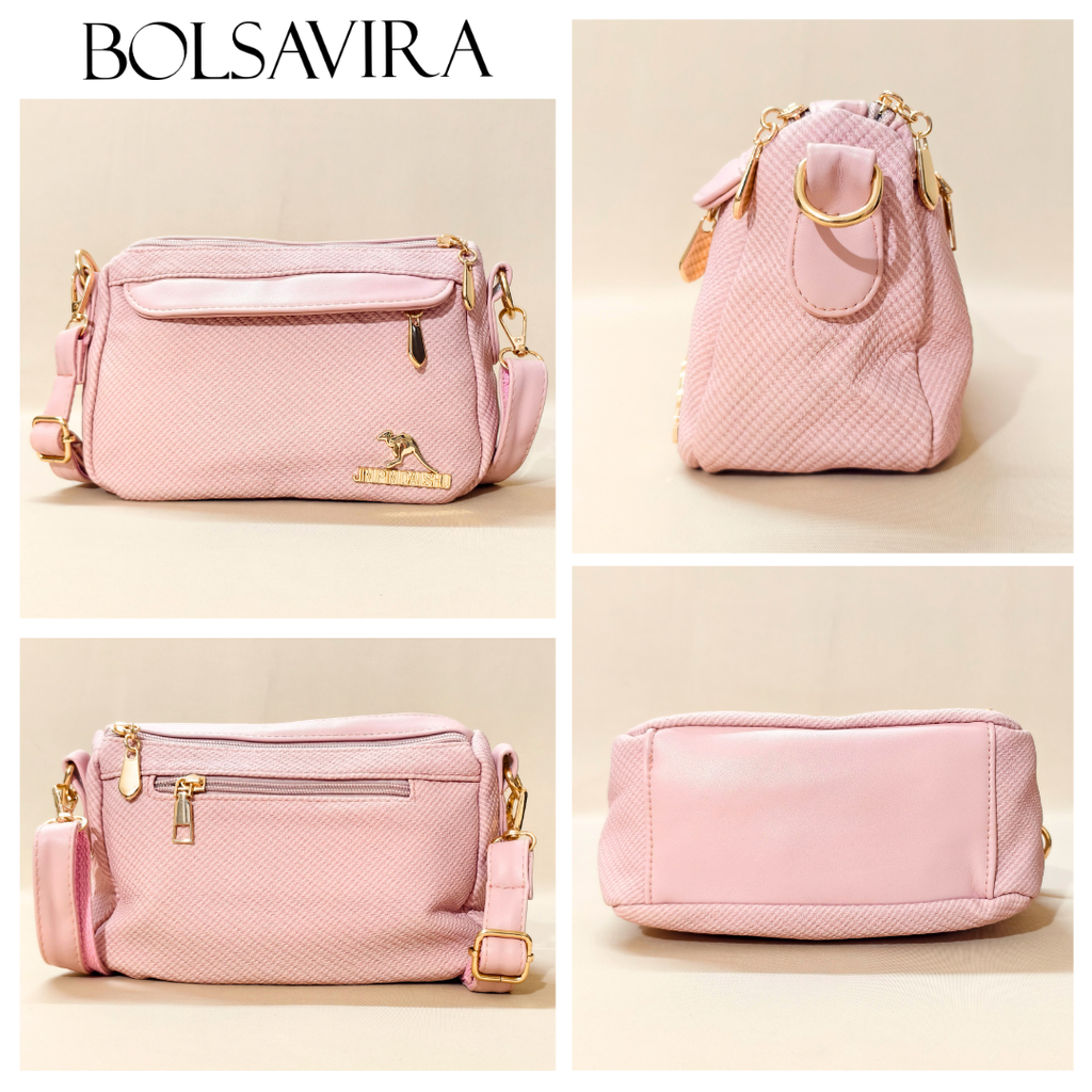 Collage of pink handbags with gold accents by BOLSAVIRA on a beige background
