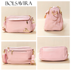 Collage of pink handbags with gold accents by BOLSAVIRA on a beige background