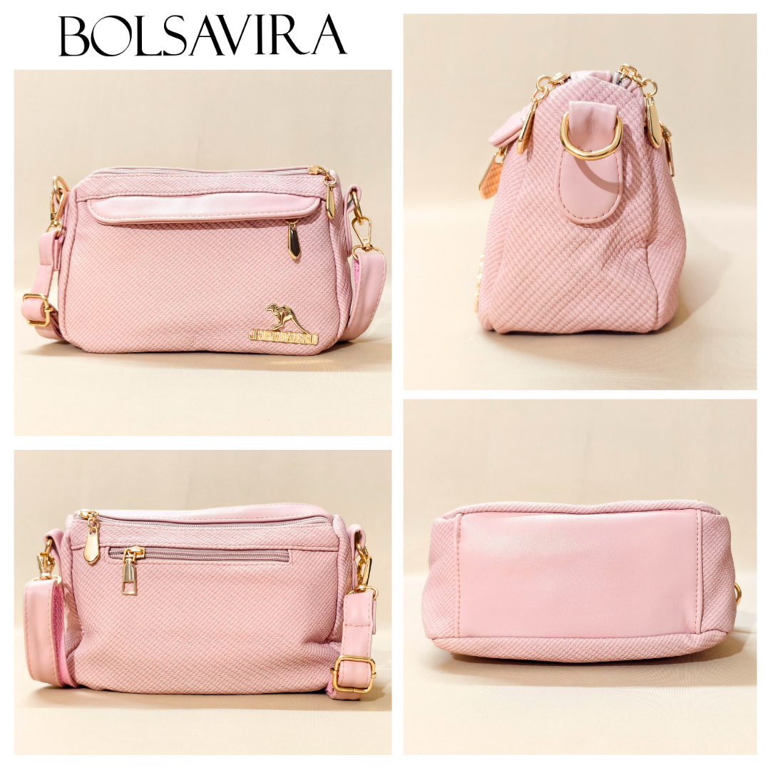 Collage of pink handbags with gold accents by BOLSAVIRA on a beige background