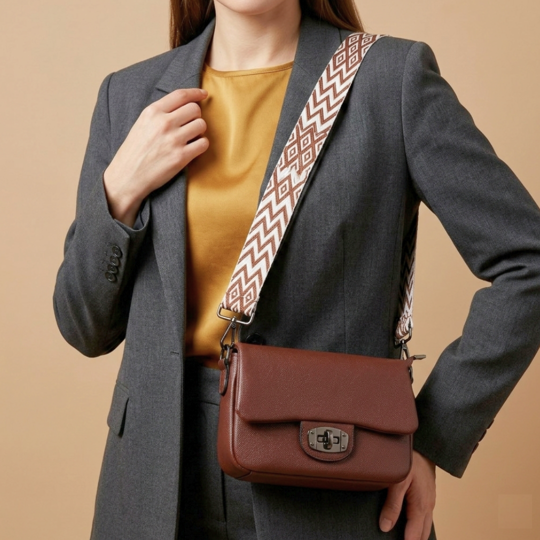 Person wearing a gray blazer with a brown leather bag over their shoulder on a beige background