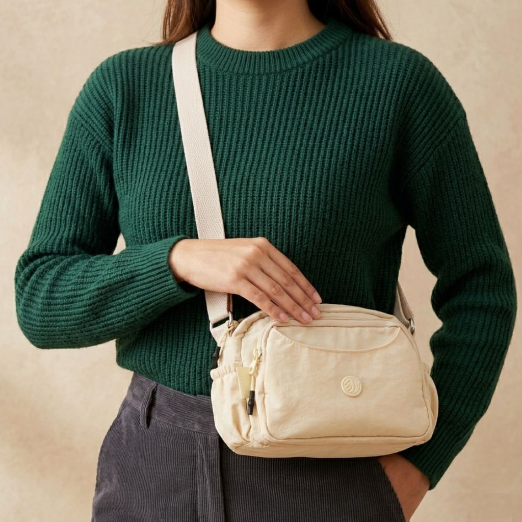 Model Carrying Cream Ivory Sling Bag In Front Of Beige Background.