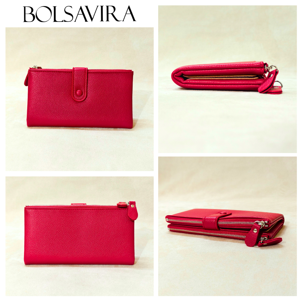 Red wallet displayed from multiple angles with BOLSAVIRA branding.