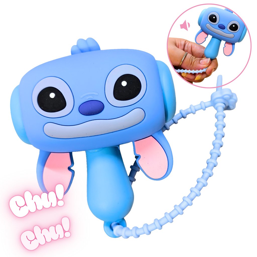 Blue animated character toy with a small attached figure, on a white background.