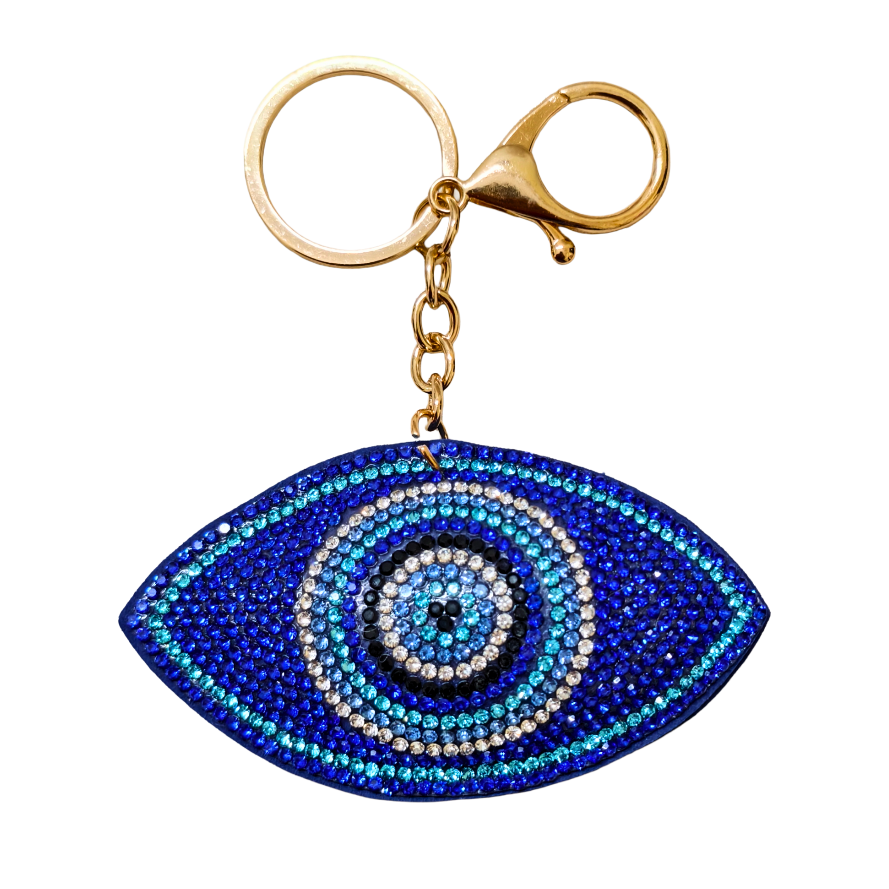 Keychain with eye design made of blue and silver beads on a white background