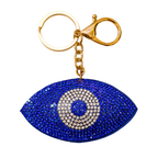 Blue eye-shaped keychain with gold clasp on a white background