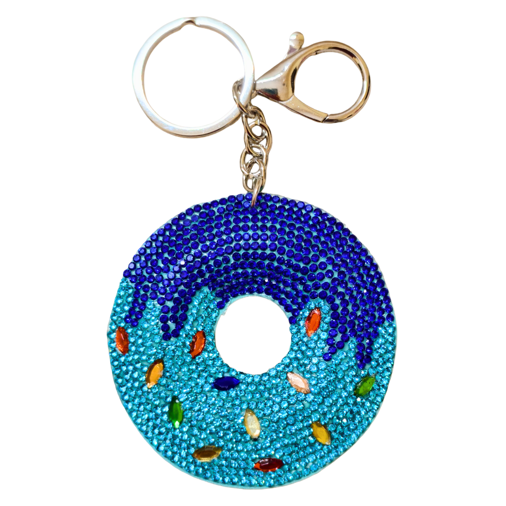 Donut-shaped keychain with blue beads and colorful accents on a white background