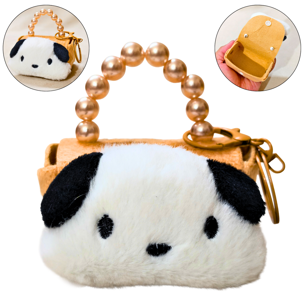 Plush dog-shaped coin purse with beaded handle on a white background