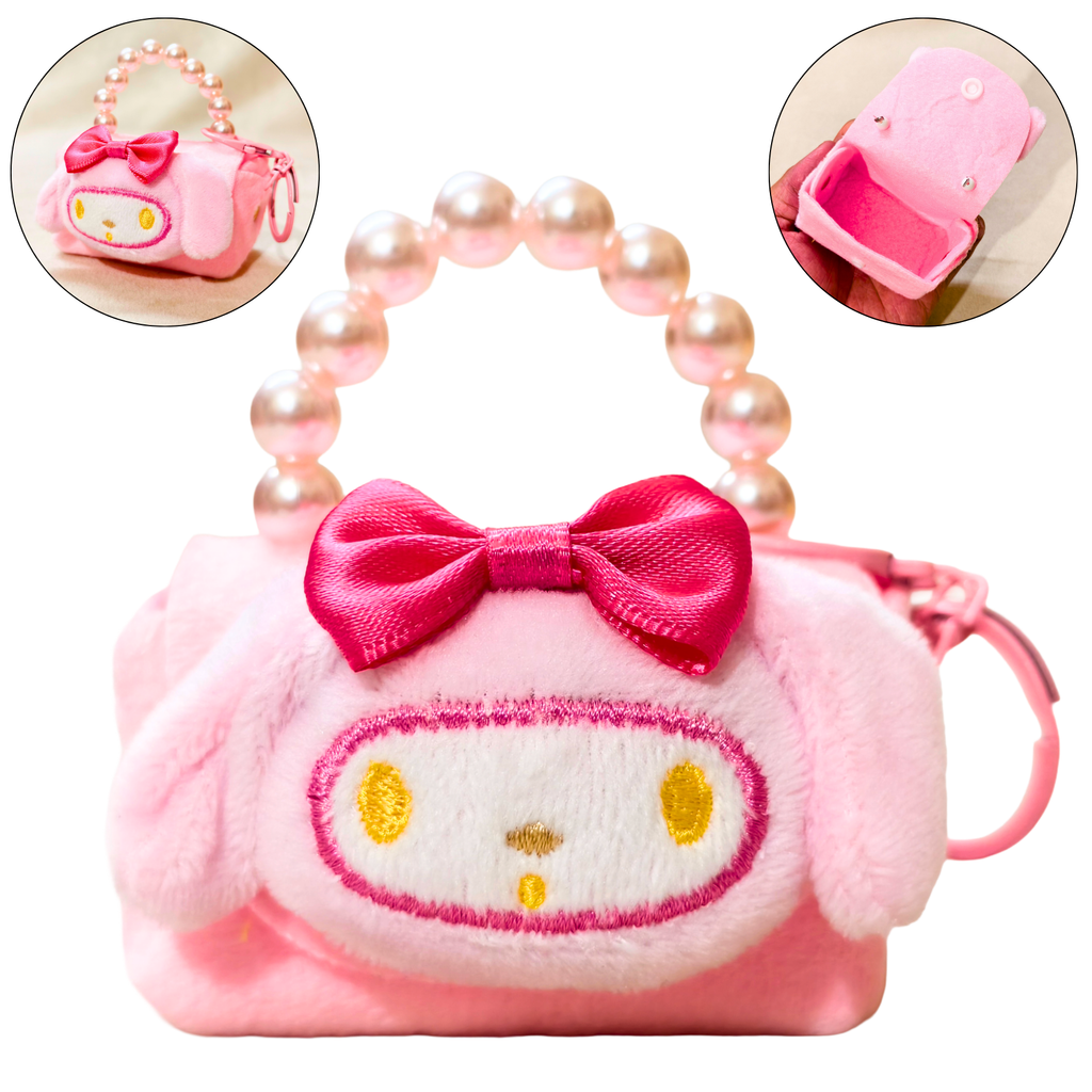 Pink plush bag with a bow and pearl handle on a white background