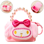 Pink plush bag with a bow and pearl handle on a white background