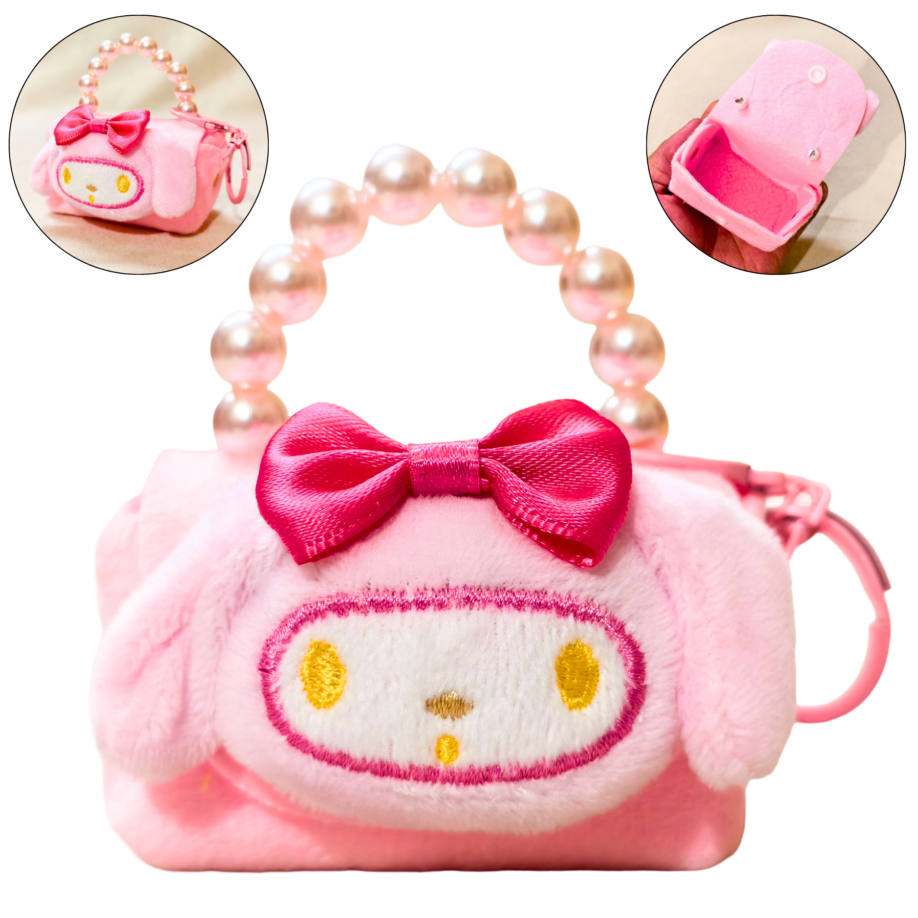 Pink plush bag with a bow and pearl handle on a white background