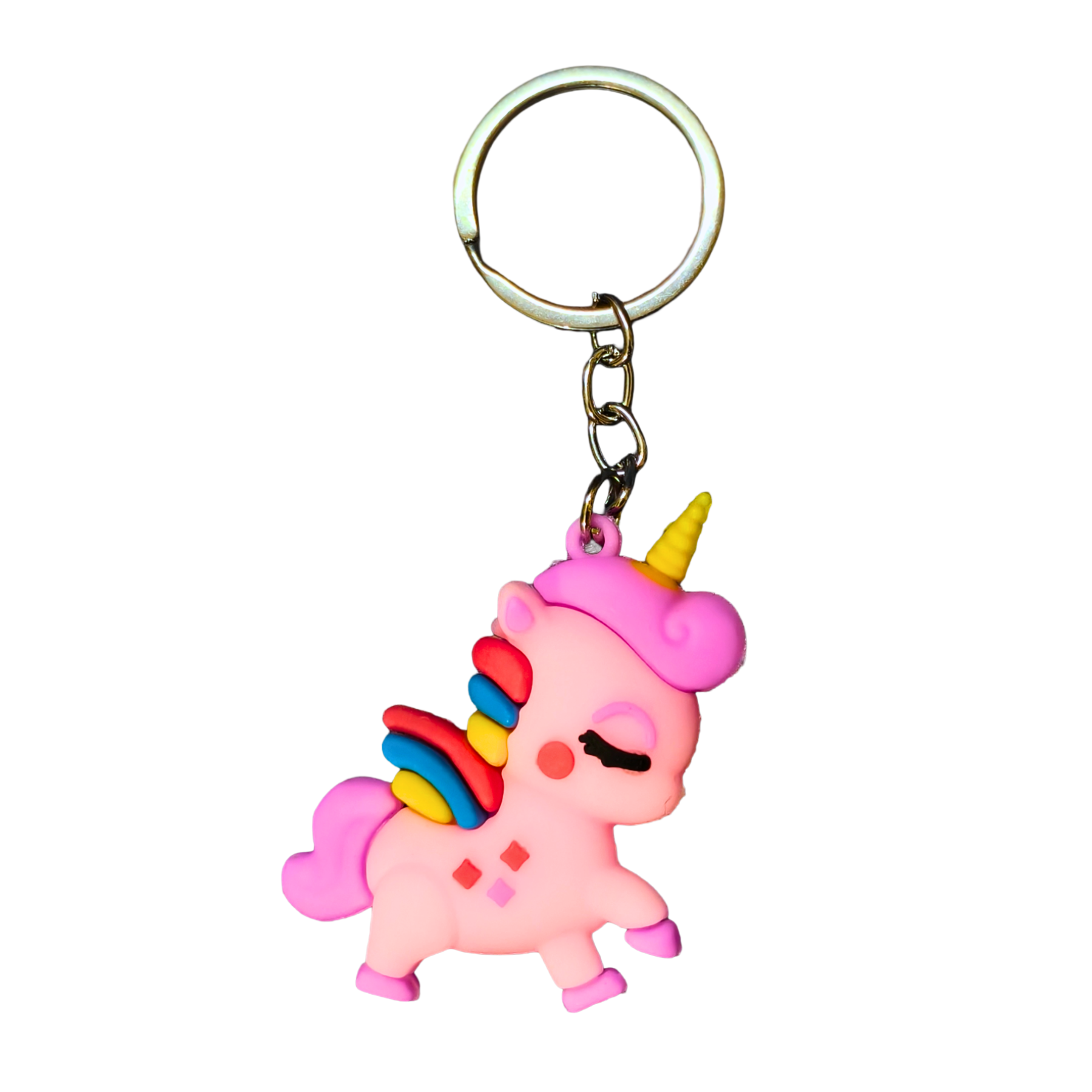Pink unicorn keychain with rainbow hair on a white background