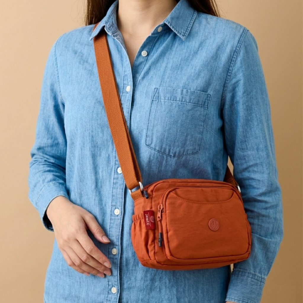 Model Carrying Rust Brown Sling Bag  In Front Of Beige Background.
