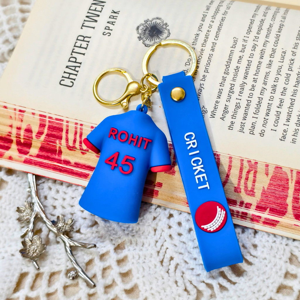 Rohit Keyring  With Props On  Crochet Background.