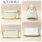 Collage of white handbags with gold accents from Bolsavira on a beige background.
