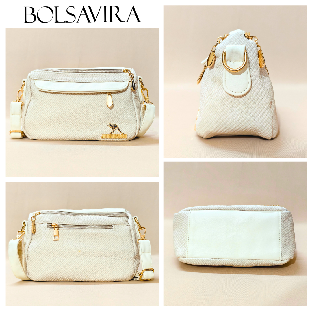 Collage of white handbags with gold accents from Bolsavira on a beige background.