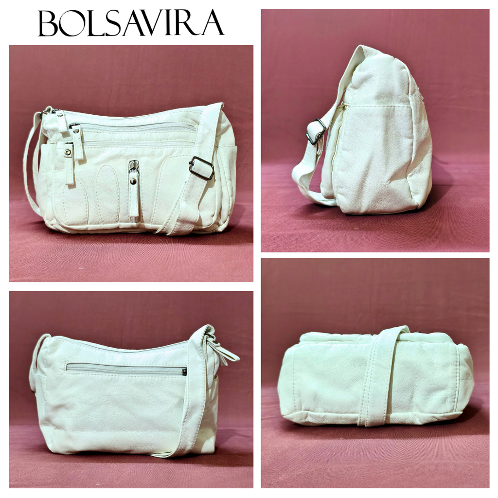 Collage of white handbags by BOLSAVIRA on a pink background