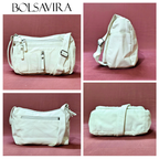 Collage of white handbags by BOLSAVIRA on a pink background