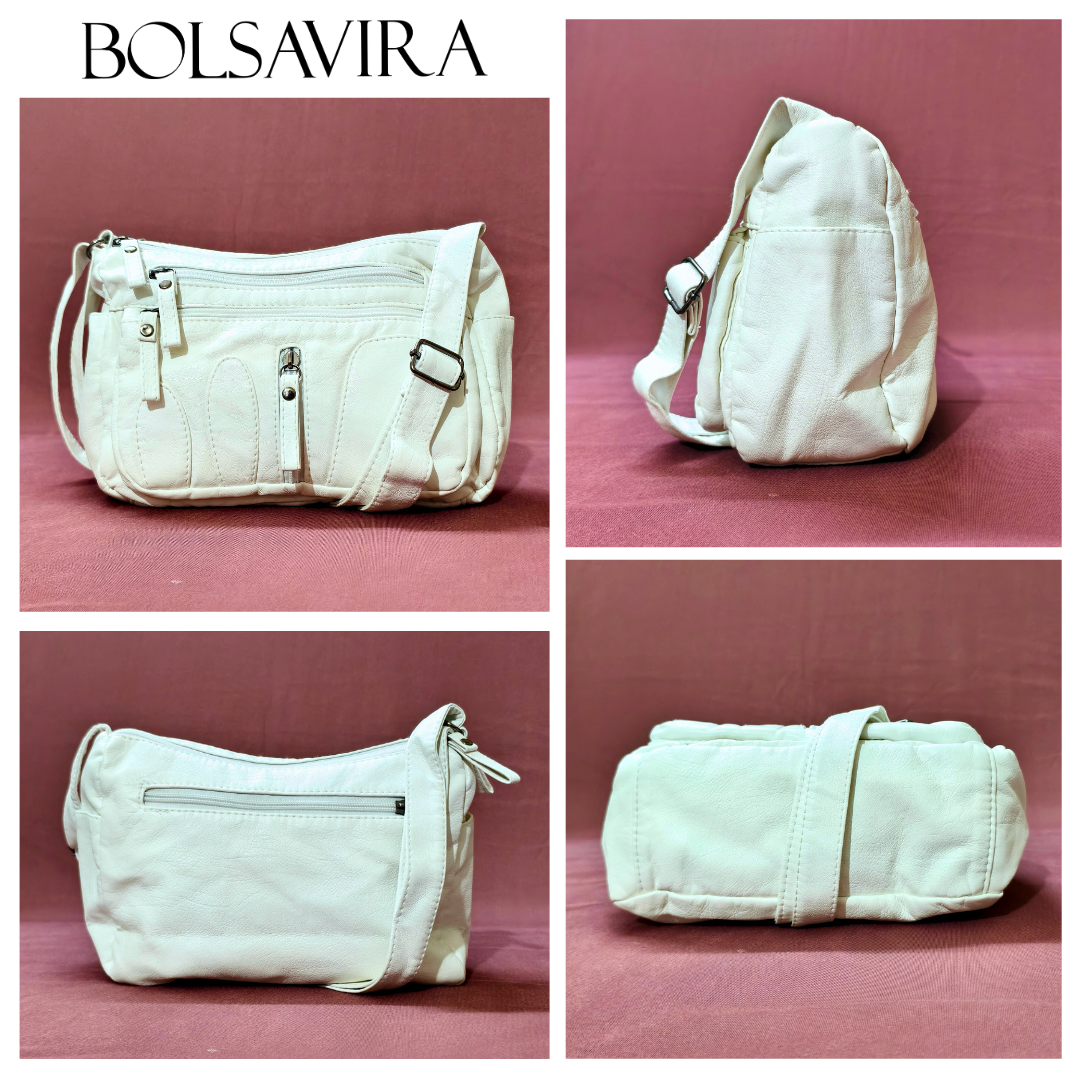 Collage of white handbags by BOLSAVIRA on a pink background
