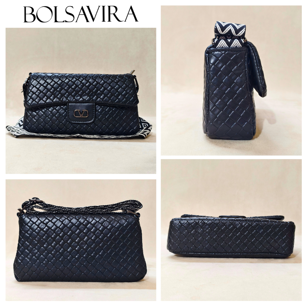 Collage of black quilted handbags with BOLSAVIRA branding.
