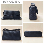 Collage of black quilted handbags with BOLSAVIRA branding.