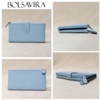 Collage of a light blue wallet and clutch bag by BOLSAVIRA on a beige background