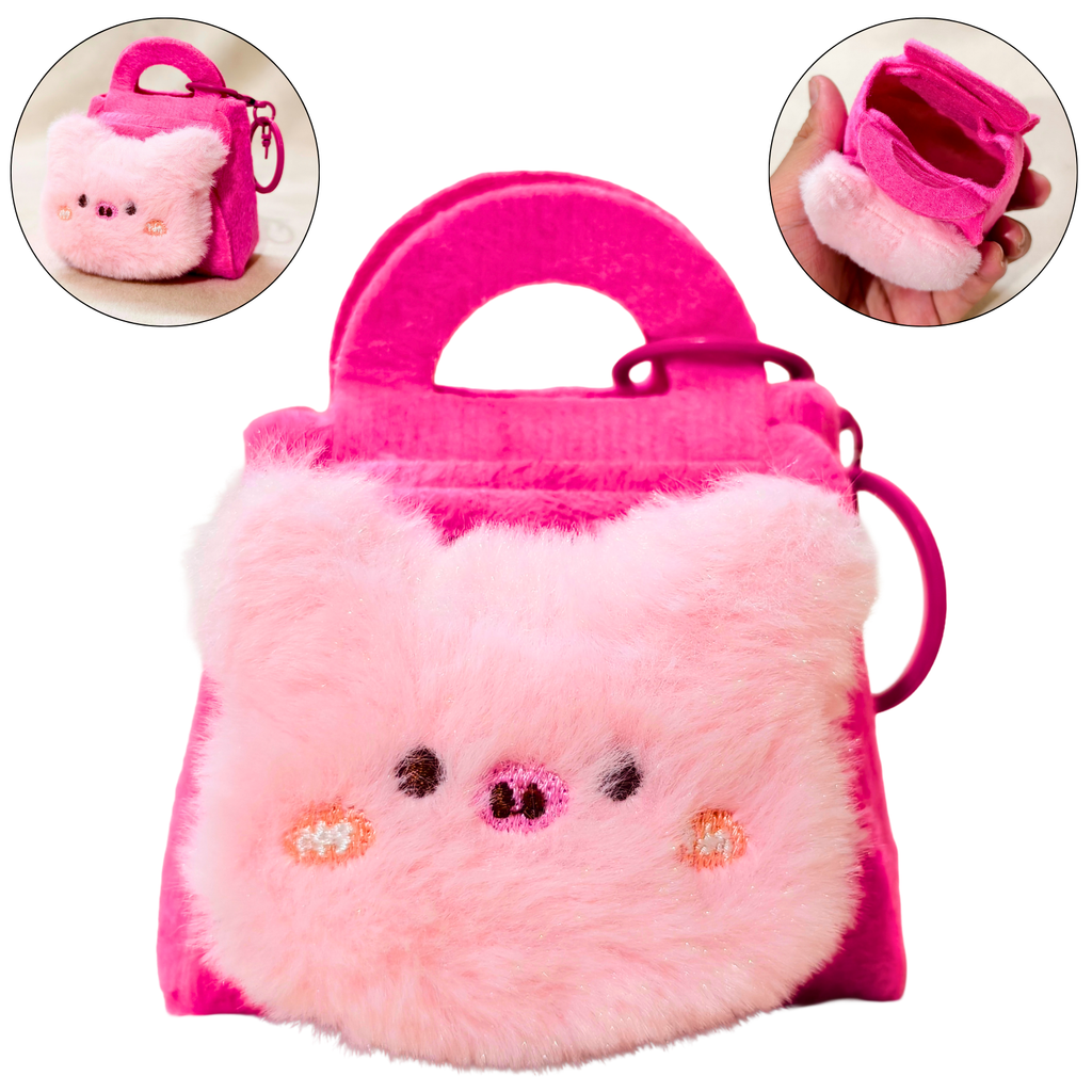 Pink plush bag with a face design on a white background