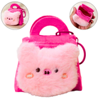 Pink plush bag with a face design on a white background