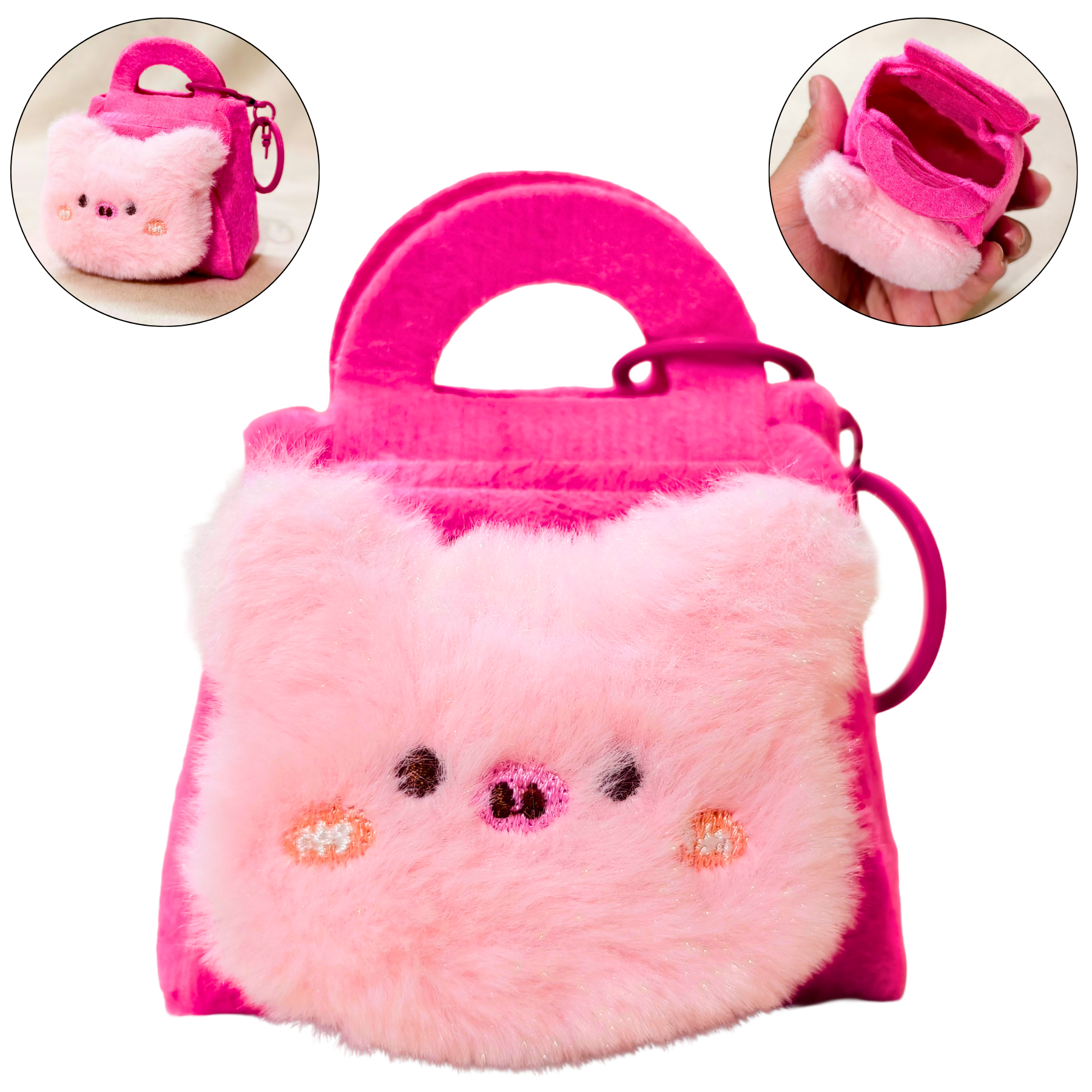 Pink plush bag with a face design on a white background