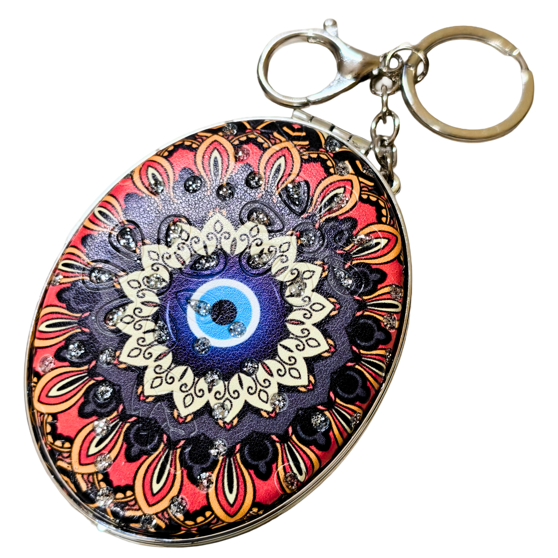 Oval Evil Eye Black Pocket Mirror On White Background.