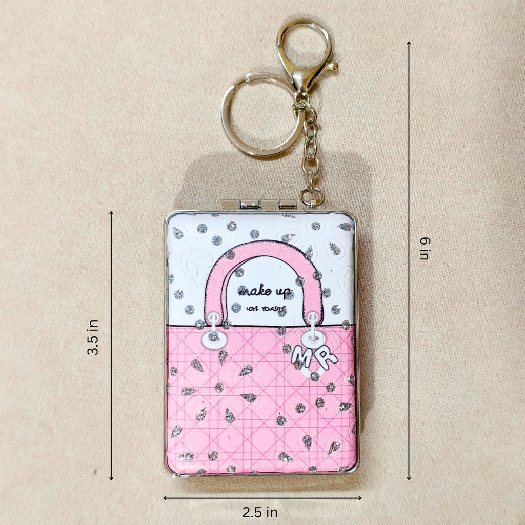 A small rectangular keychain bag or clutch with a gold-tone clasp and chain, shown on a beige background with dimension lines indicating 3.5 in height, 6 in overall height, 2.