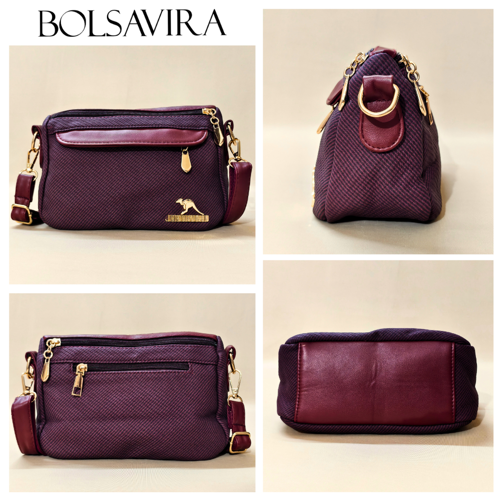 Collage of a purple handbag with gold accents by Bolsavira on a beige background.