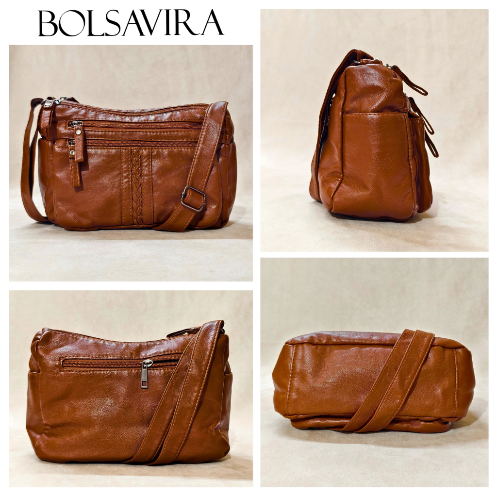Brown leather handbag displayed from multiple angles with 'BOLSAVIRA' branding.