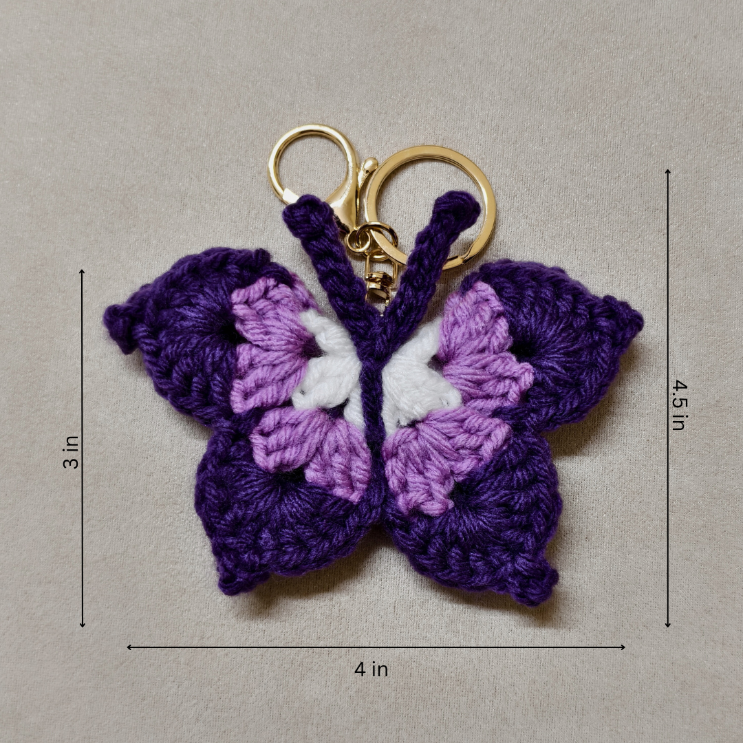 Purple Butterfly Handmade Crochet Keychain Charms, Sunflower Butterfly Heart Rose Designs, Acrylic Cotton Wool Blend, Gold-Tone Lobster Clasp, Bag Charm Accessory For Handbags