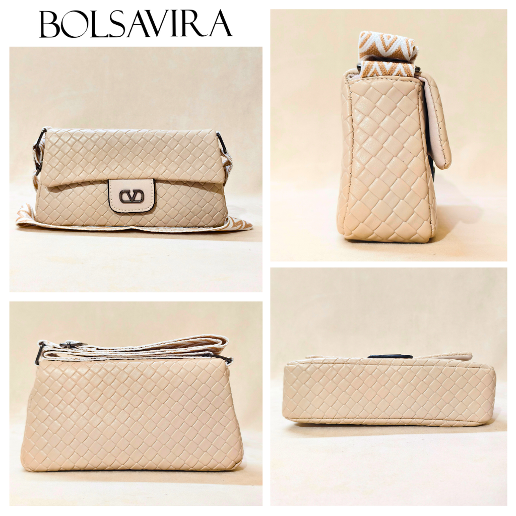 Collage of beige handbags with BOLSAVIRA branding.