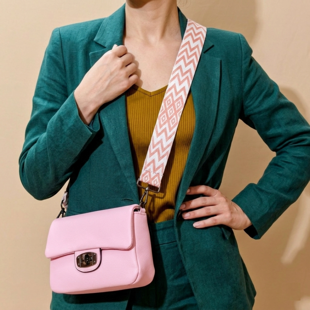 Person wearing a green blazer with a pink handbag and patterned strap on a beige background