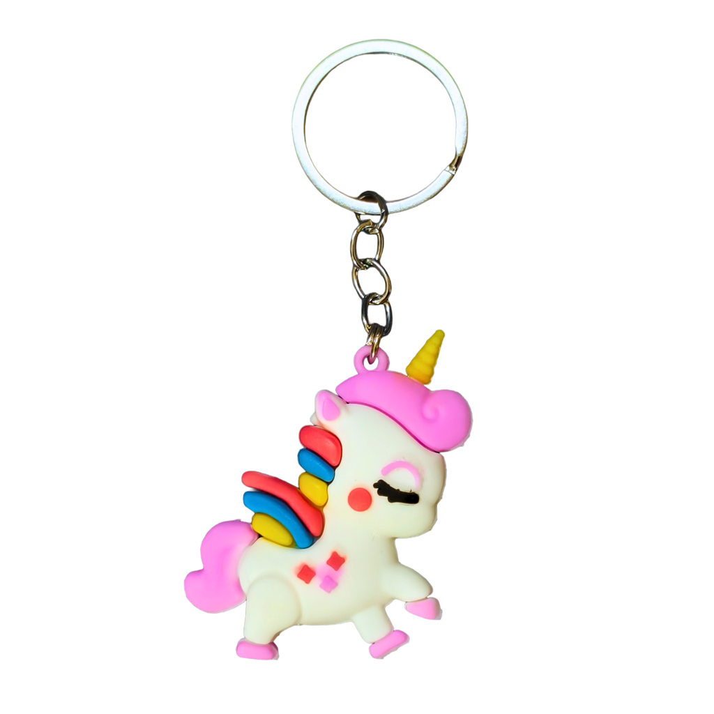 Unicorn-shaped keychain with rainbow colors on a white background