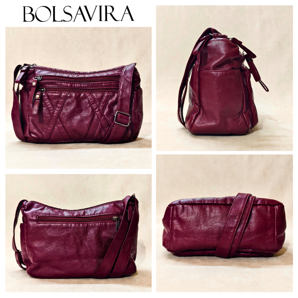 Collage of a burgundy handbag by Bolsavira in different poses on a beige background.
