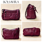 Collage of a burgundy handbag by Bolsavira in different poses on a beige background.