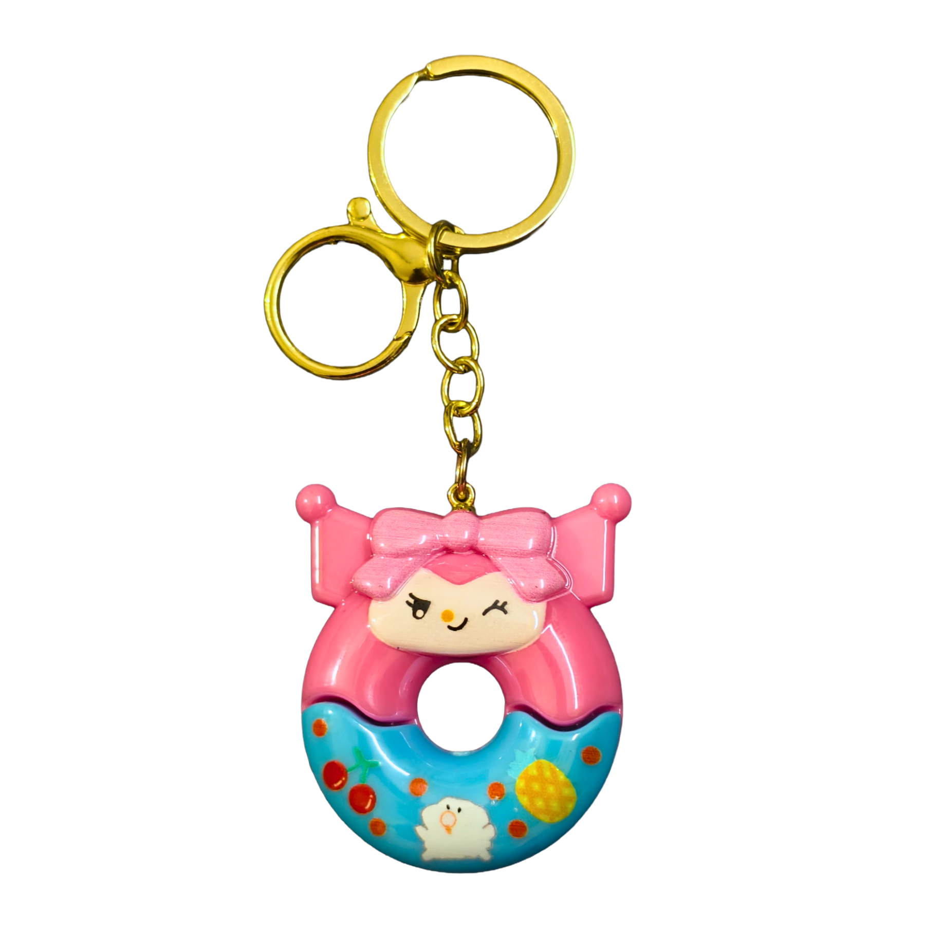 Keychain with a cartoon character in a pink donut on a white background
