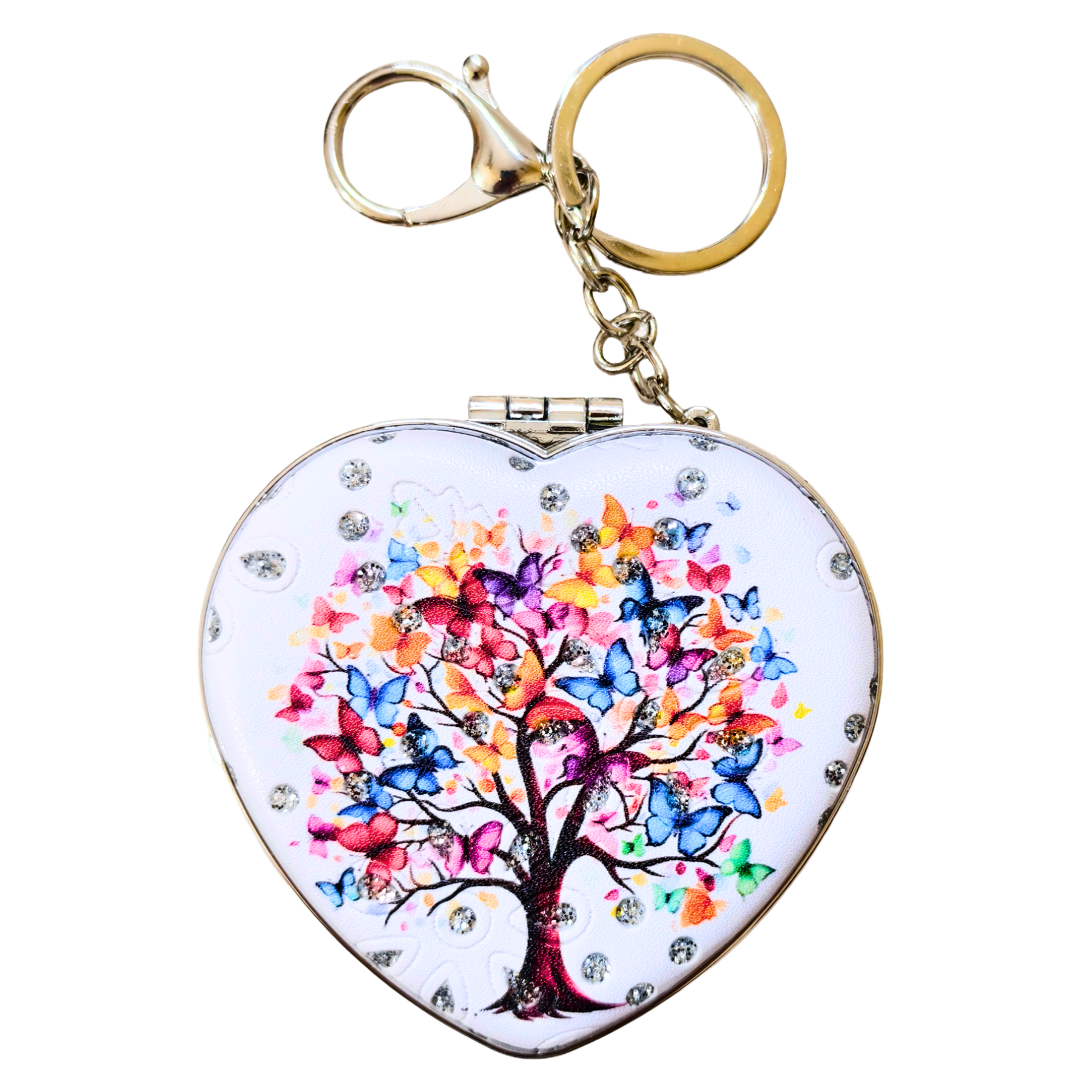 A heart-shaped metal keepsake box keychain with a colorful butterfly tree design on a white background, featuring a gold clasp and key ring.