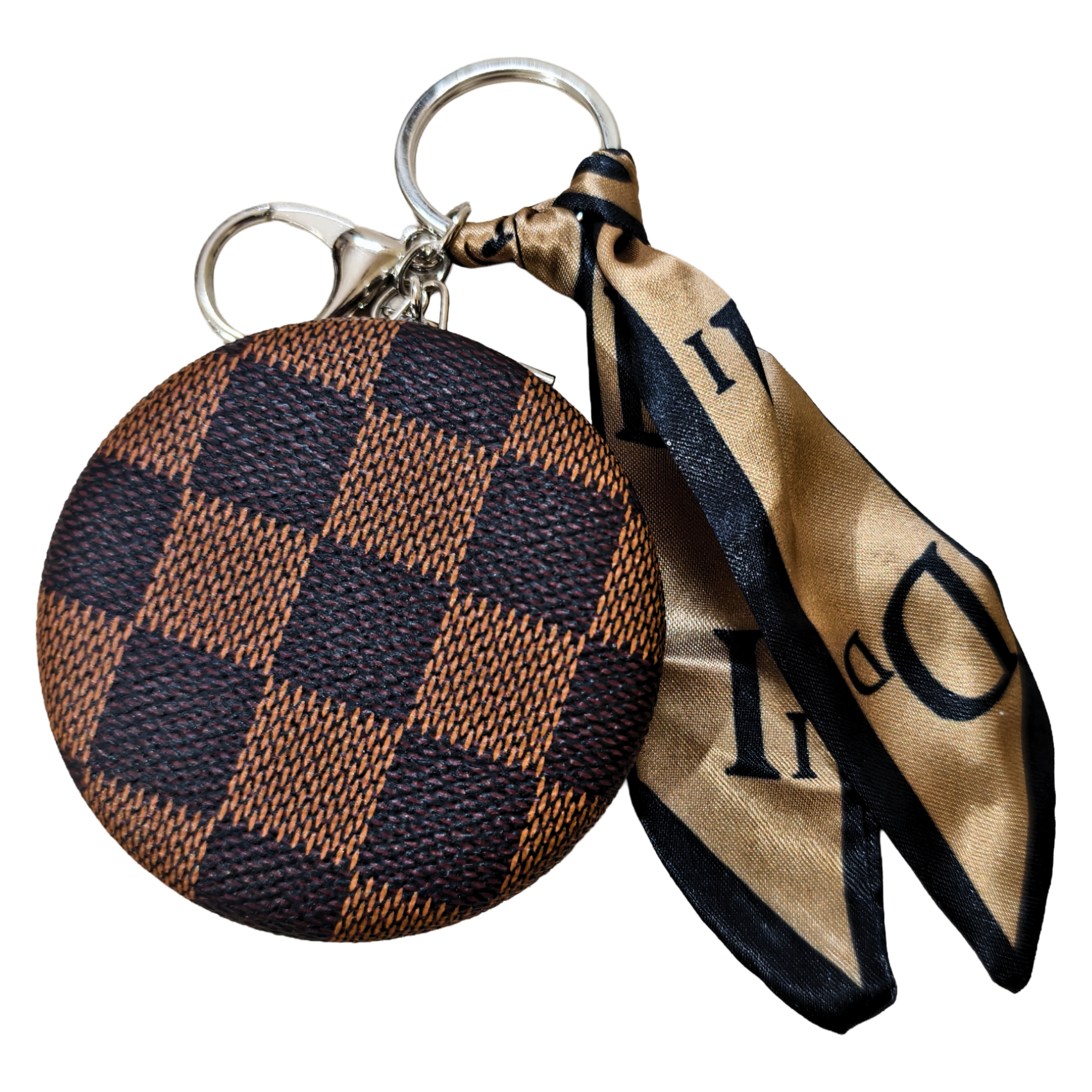 Round Brown Check Pocket Mirror On White Background.