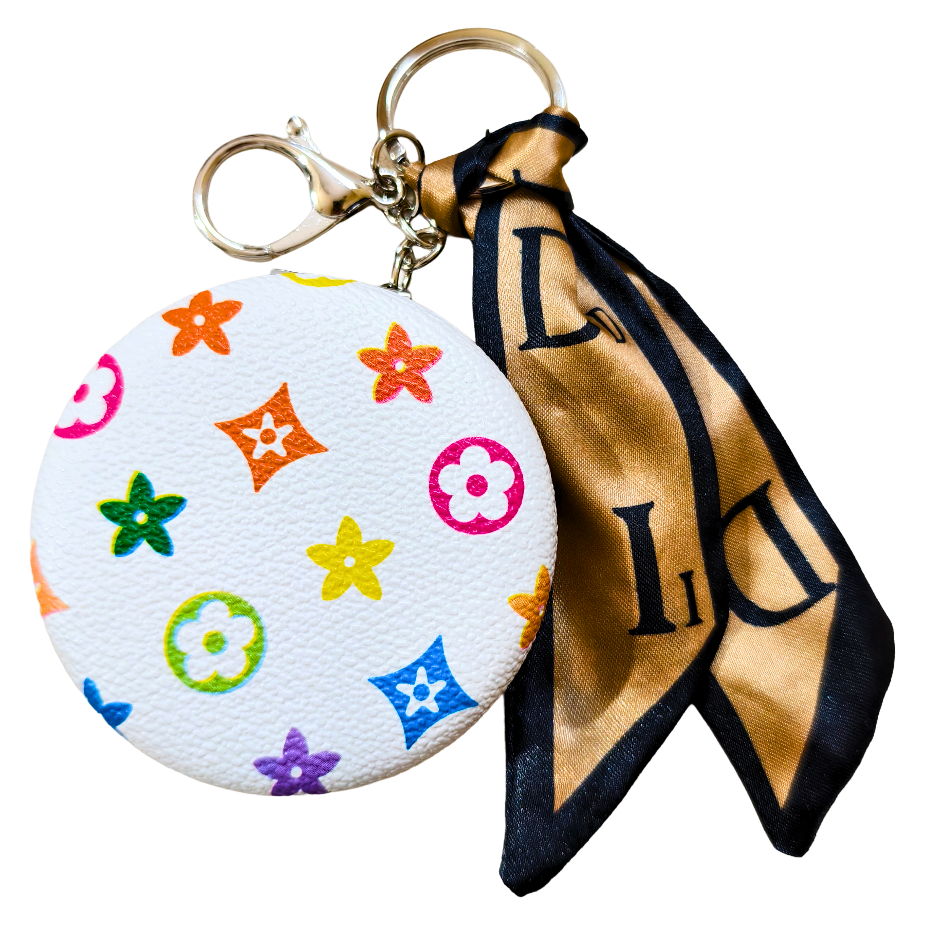 Round LV White Pocket Mirror On White Background.
