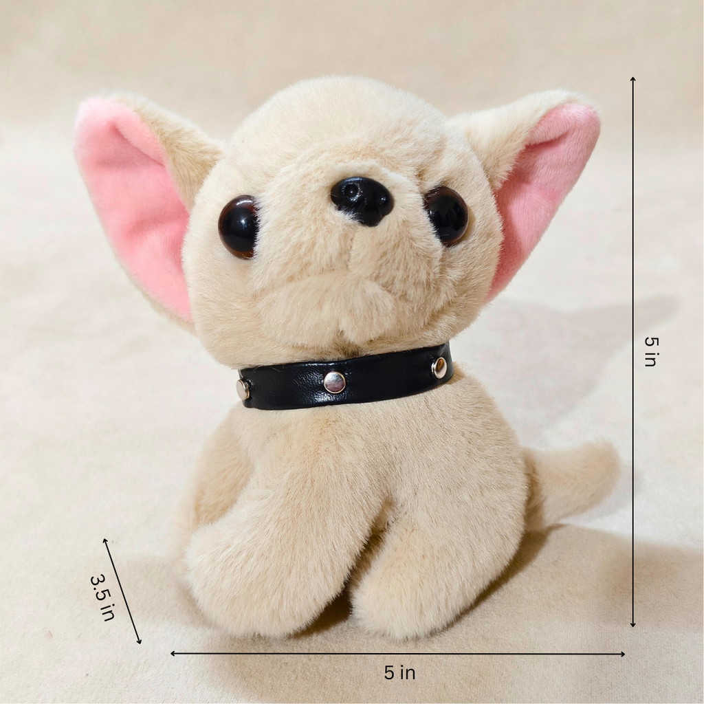 Plush dog toy with a black collar and measurements on a beige background