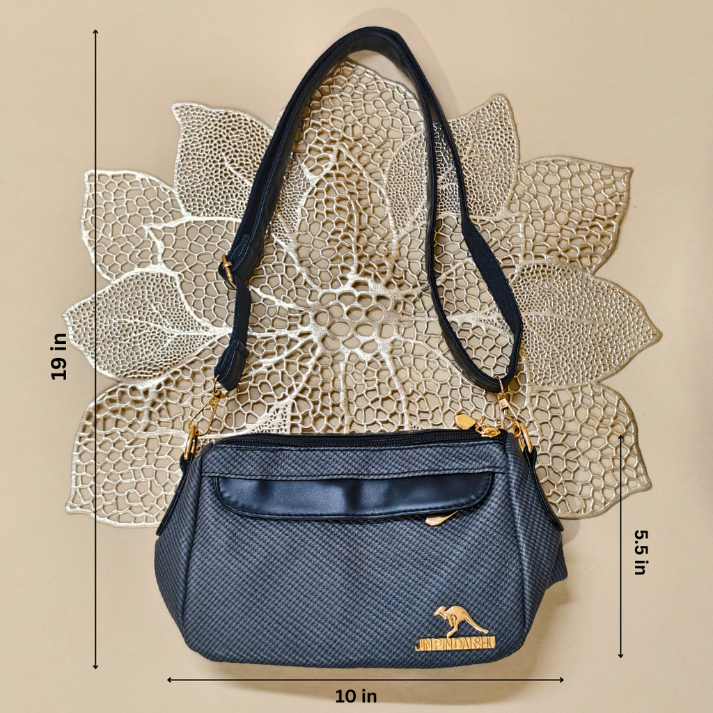 Blue handbag with gold accents on a beige background with measurements