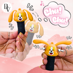 Cartoon character-shaped pen holders with 'Chu! Chu!' sound effect on a pink background
