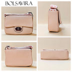 Collage of a beige handbag with different angles on a light beige background, featuring the brand 'Bolsavira'.