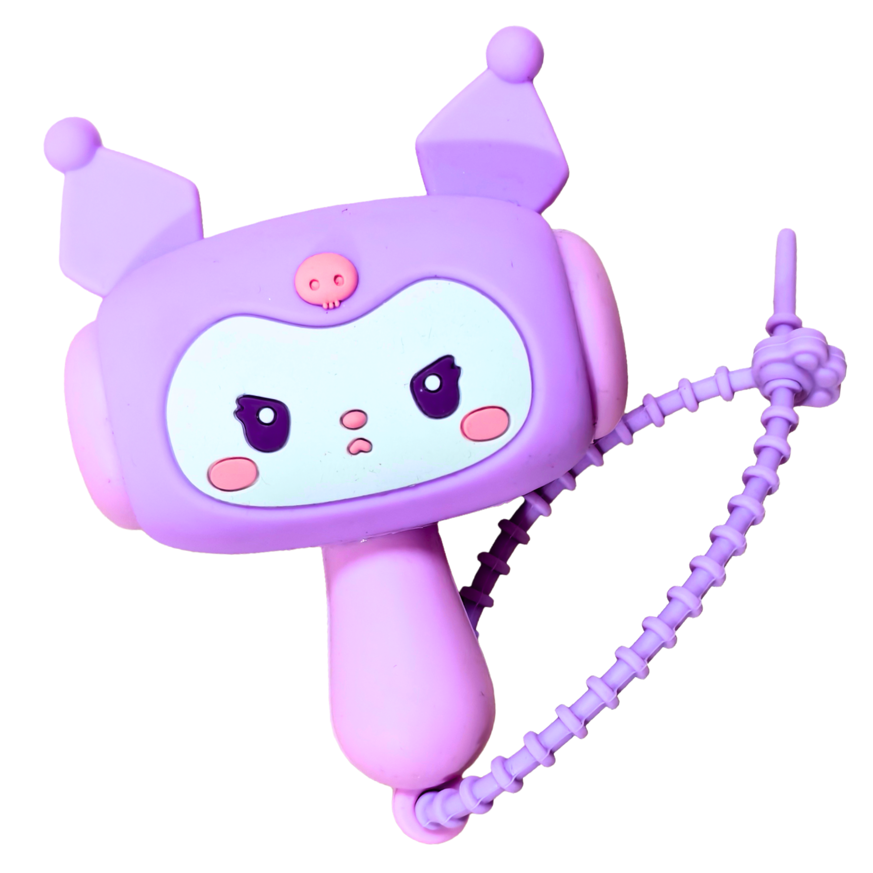 Purple cartoon character with a face on a white background